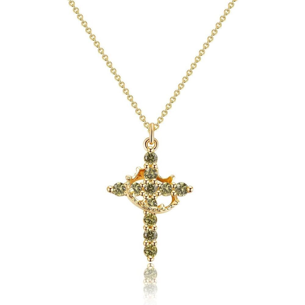 Perfect Gifts Women's Crown M08 Peridot Cross Necklace Gold Plated Faith Jewelry